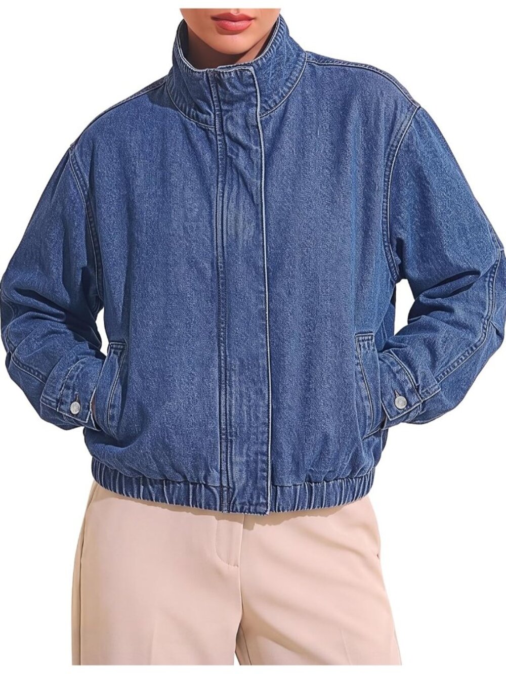 Women Classic Blue Denim Oversized Band Collar Funnel Neck Drop Shoulder Jacket
